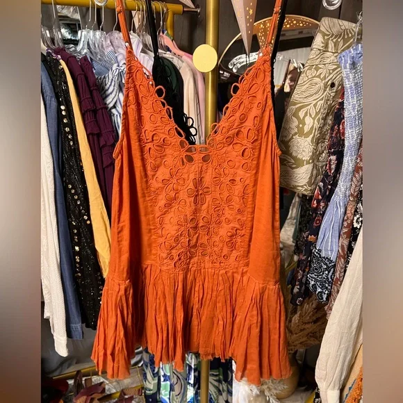 Free People FP One Casella Drop Waist Embroidered Slip Mini Dress in Rust - Picture 6 of 7